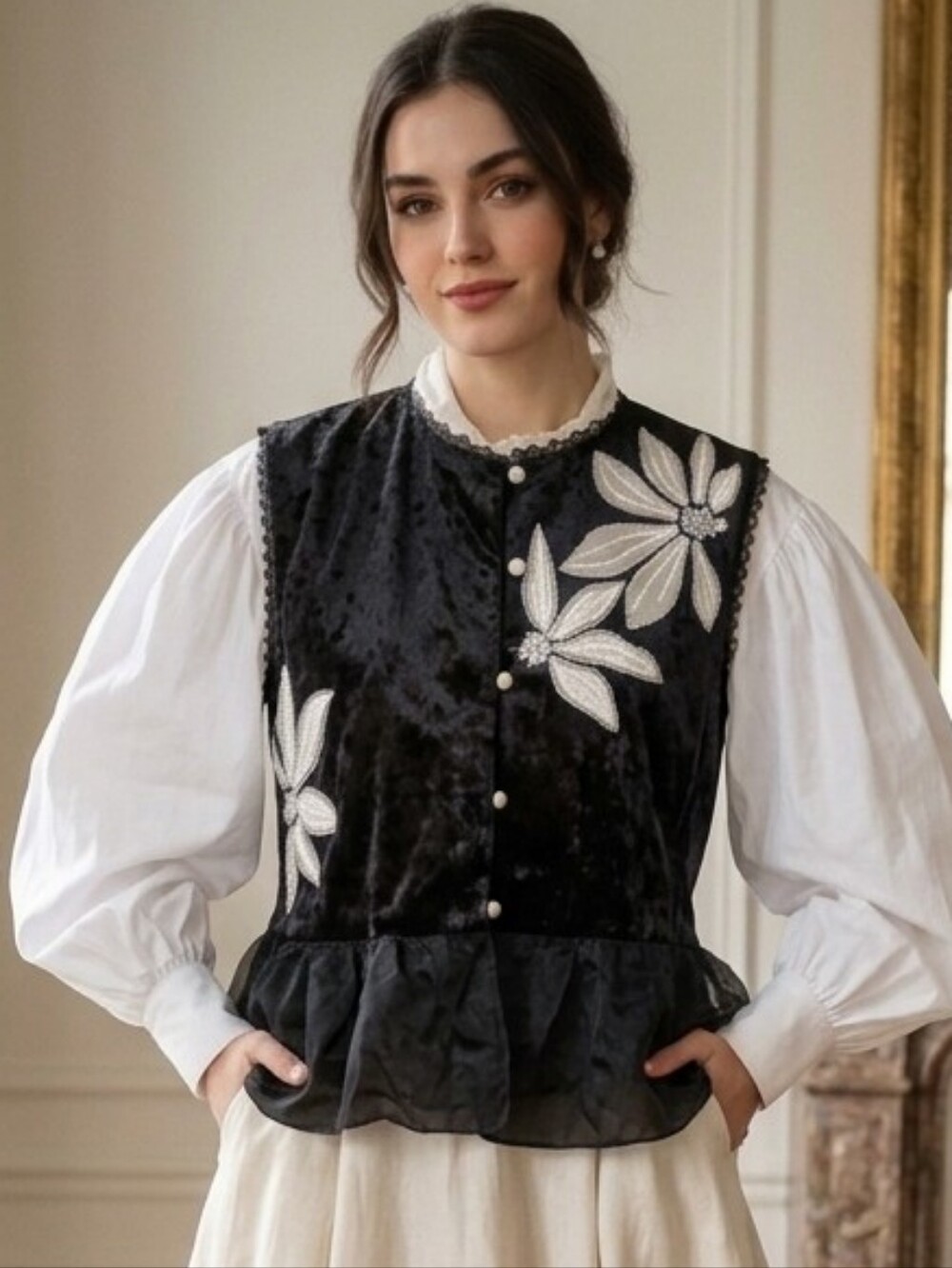Vintage velvet vest with floral pattern,sequins,and pearl buttons, 100% silk, L